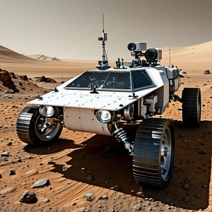 A White Robotic Vehicle Is Parked On A Dirt Surface