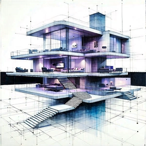 Tech Ink Drawing: (futuristic:1.16) Smart Home With Drawing Large,