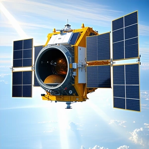 A Yellow Spacecraft Is Flying Through The Sky, With A Large Dome On The Bottom Of The Spacecraft