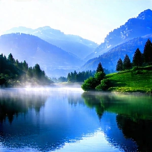 Nature Digital Illustration: (mist:1.3) Over Alpine Lake With Serene Mountain