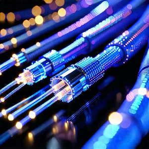 Close-up Of Fiber Optic Cables With Blue Wire