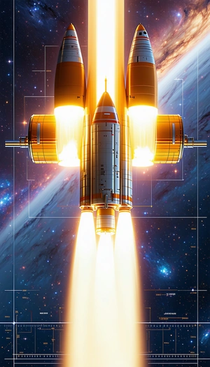 A Rocket Is Shown In A Space Scene, With Its Engine On Fire