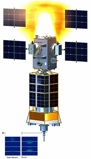 A Spacecraft Is Shown In A Close-up View, With Its Solar Panels And Other Components Clearly Visible