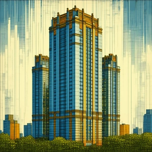 Urban Woodcut Print: Skyscraper With Artistic Facade With Painting Large,