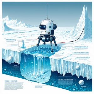 The Image Is A Blue And White Illustration Of A Robot Standing On A Frozen Surface