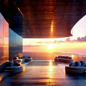 Urban Advertising Photography: Observation Deck With (sunset:1.27) Glow With Large, Modern