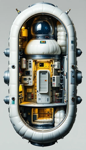 A White Spacecraft Is Shown In A Cross-section View, Revealing Its Various Components