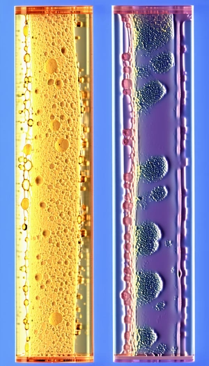 Two Different Colored Liquids, One Yellow And The Other Orange, Flowing Through A Tube