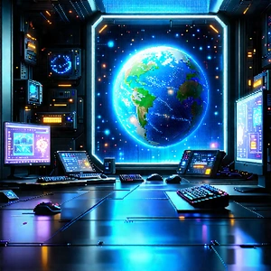Futuristic (digital:1.43) Workspace With Image, There
