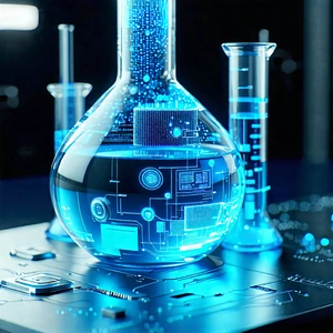 Tech Blender Artwork: Entertainment Technology In Modern Laboratory With Blue Vase