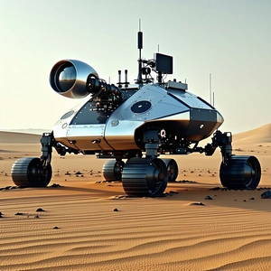A Large Robotic Vehicle Is Sitting In A Desert Landscape