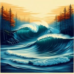 Nature Linocut Print: (ocean:1.4) Waves Surrounded By Autumn Trees With Painting Large