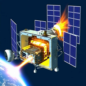 A Spacecraft Is Shown In A Close-up View, With Its Solar Panels And Other Components Clearly Visible