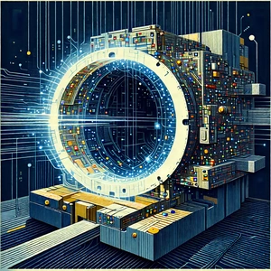 Tech Linocut Print: Quantum Computer With Data Streams With Image, There
