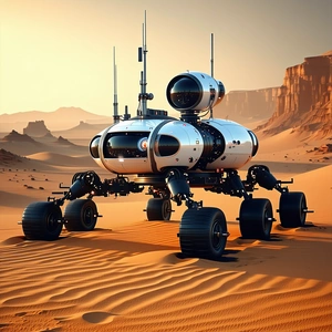 A Futuristic Vehicle Is Parked In A Desert-like Environment