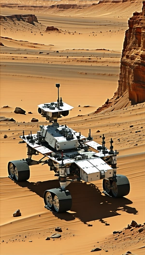 A Large, White, And Silver Robotic Vehicle With A Camera On Top Of It