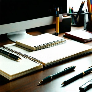 Business Octane Render: Workplace with notebooks and pens on desk
