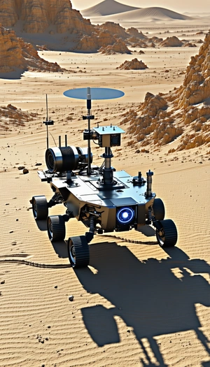 A Large Robotic Vehicle Is Driving Across A Sandy Terrain