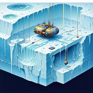 In The Image, There Is A Large, Frozen Iceberg With A Small Submarine-like Vehicle On Top Of It