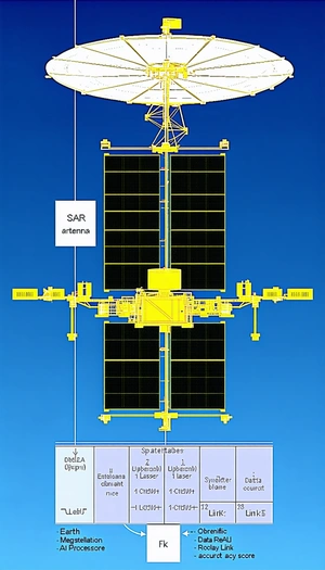 A Spacecraft Is Shown In A Blue Background, With A Yellow Frame Surrounding It