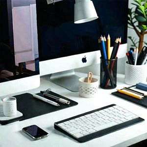Business Product Photography: Workplace with modern office supplies on desk