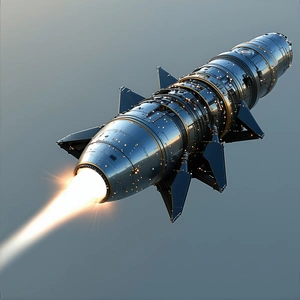 A Rocket Is Flying Through The Sky, With Its Engine On