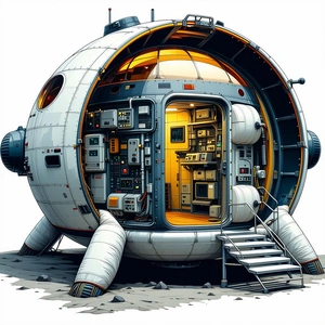 A Large, Round Spacecraft Is Shown In A Drawing, With A Ladder Leading Up To The Entrance