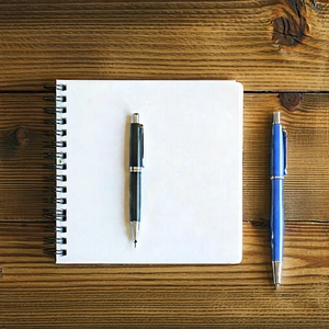 Business Etching: Workplace With Notebooks And Pens On Desk With Wooden Table