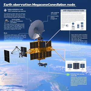 The Image Is A Poster That Features A Spacecraft, Specifically A Satellite, With A Large Dish On Top
