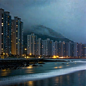Urban Architectural Photography: Cityscape of coastal city during rainy evening