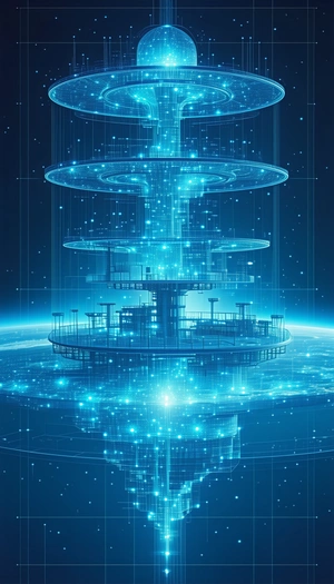 A Futuristic Space Station With A Large, Blue, And Glowing Structure At Its Center
