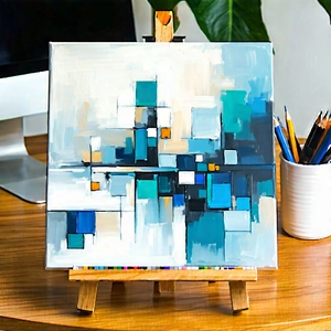 Business Acrylic Painting: Workplace with productivity tools on desk