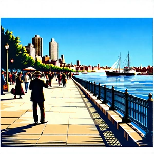 Urban Linocut Print: Waterfront promenade with street performance