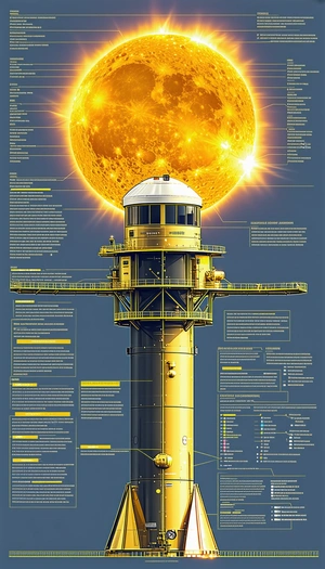 A Large Yellow Tower Is Shown In A Poster, With A Sun In The Center Of The Tower