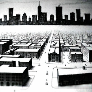 Urban Charcoal Drawing: Aerial view of urban renewal area