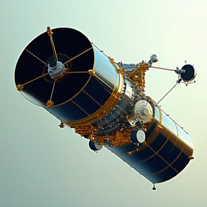 A Large Spacecraft With A Blue And Gold Color Scheme