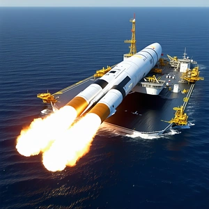 large rocket ship floating water