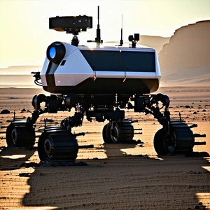 A Large Robotic Vehicle With Four Wheels, Standing On A Sandy Surface