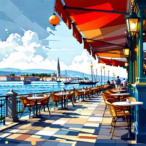 Urban Graphic Design: Waterfront promenade with outdoor dining