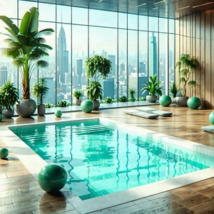 Lifestyle 3d Render: Wellness Scene With Fitness Equipment With Large Swimming