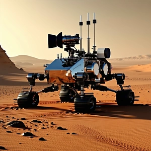 A Large Robotic Vehicle With A Camera On Its Front, Driving Across A Sandy Terrain