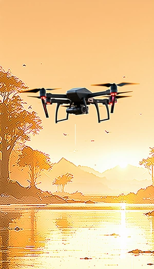 A Drone Is Flying In The Sky, Capturing The Beautiful Sunset