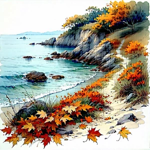Nature Ink Drawing: Autumn Leaves In Coastal Environment With Beautiful Beach