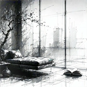 Lifestyle Charcoal Drawing: Reading Nook With Minimalist Decor With Image, There