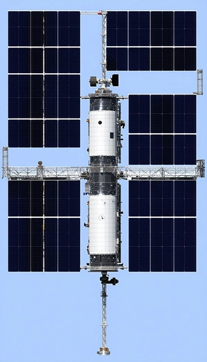A Large Spacecraft Is Shown In A Blue Sky, With A Solar Panel On The Side
