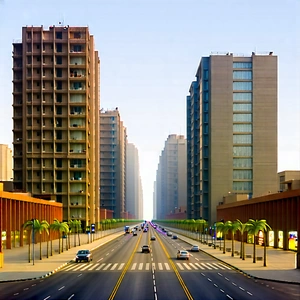 Urban Digital Art: Urban Street With (modern:1.2) Architecture With Large City