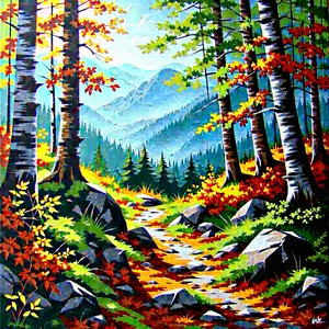 Lifestyle Acrylic Painting: Autumn Hike During Summer With Beautiful Forest