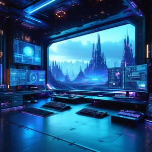 Tech Long Exposure Photography: Futuristic Digital Workspace With Futuristic Setting,