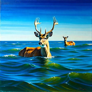 Nature Gouache Painting: Deer In Ocean Waters With Beautiful Scene