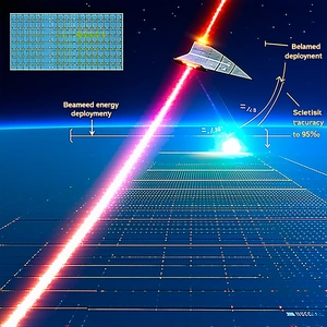 A Spacecraft Flying Through The Sky, With A Laser Beam Following It